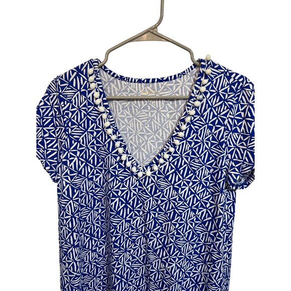 Lilly Pulitzer Blue & White Geometric Print Pom-Pom Trim V-Neck Dress - Picture 2 of 8